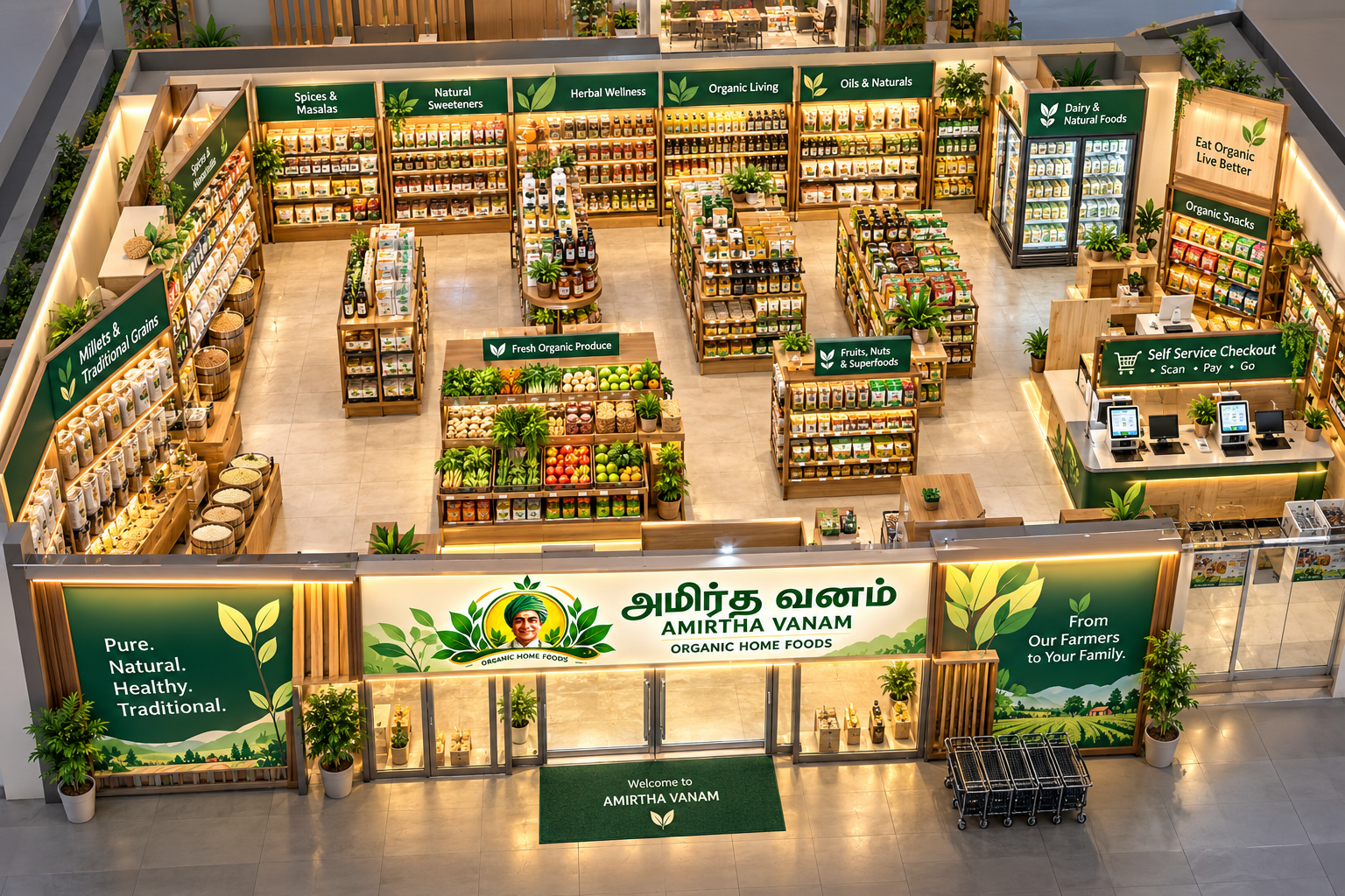 Compact Amirtha Vanam store counter stocked with millets, spices and natural foods